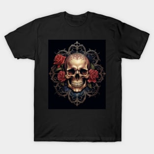 Eternal Beauty: Skull and Rose Illustration in Rococo Realms T-Shirt